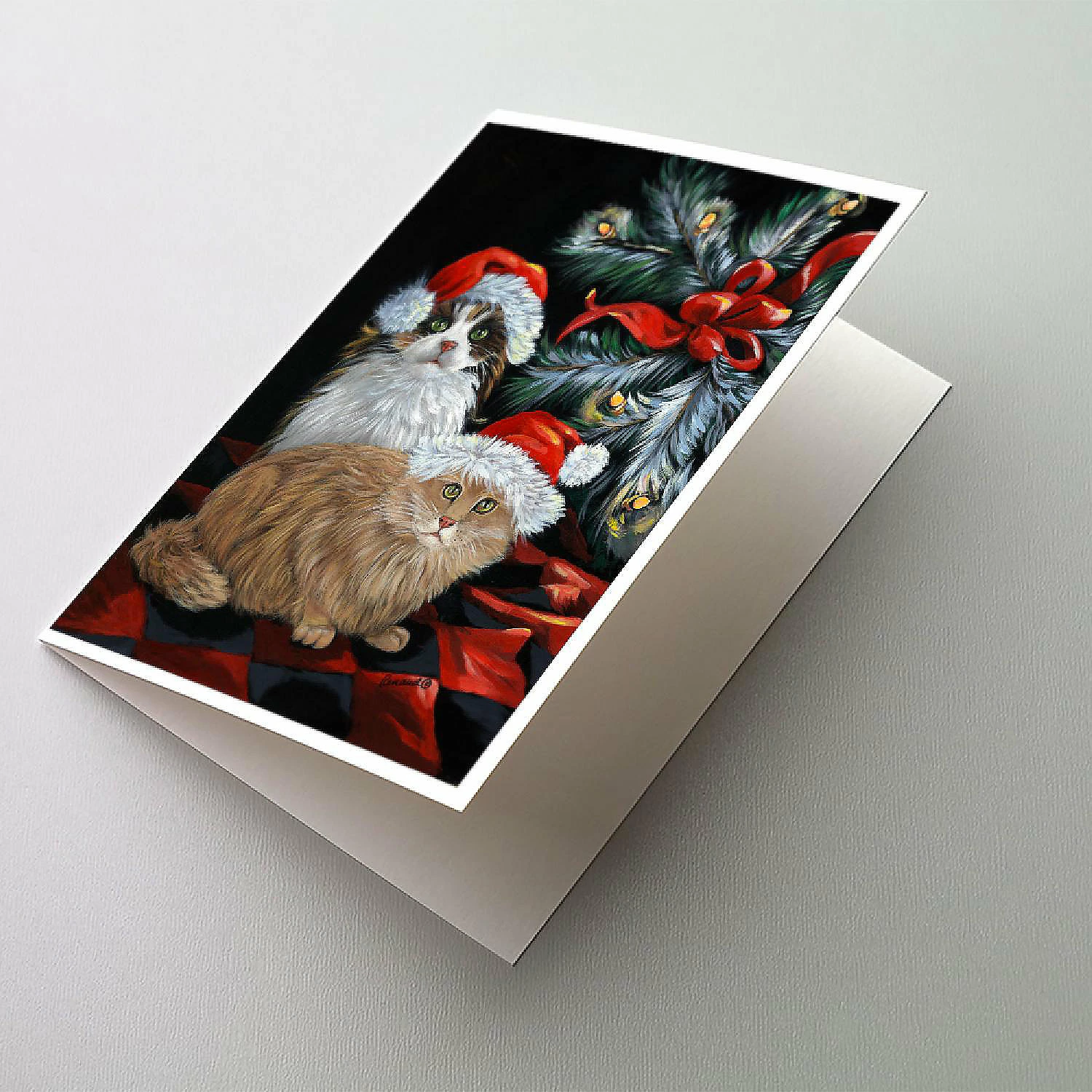 Promo 🥰 Caroline's Treasures 🎅 Christmas, Cat Kitty Glitter 🎅 Christmas Greeting Cards and Envelopes Pack of 8, 7 x 5, Cats ✨