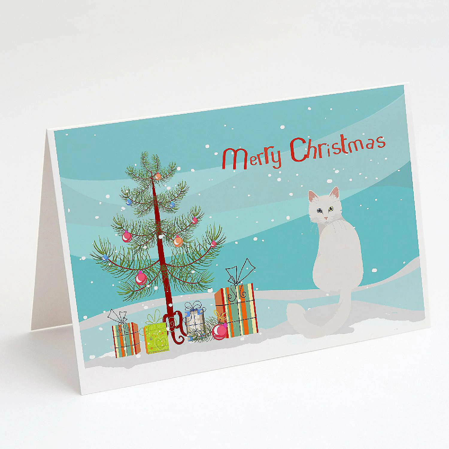 Budget โค๏ธ Caroline's Treasures ๐ Christmas, Turkish Angora Cat Merry ๐ Christmas Greeting Cards and Envelopes Pack of 8, 7 x 5, Cats ๐งจ
