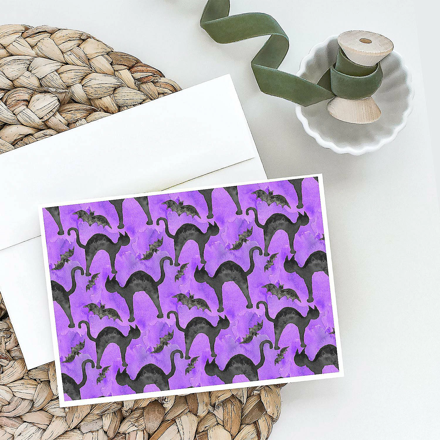 Deals 😍 Caroline's Treasures 🦇 Halloween, Watecolor 🦇 Halloween Black Cats on Purple Greeting Cards and Envelopes Pack of 8, 7 x 5, Cats 😀 - Image 2