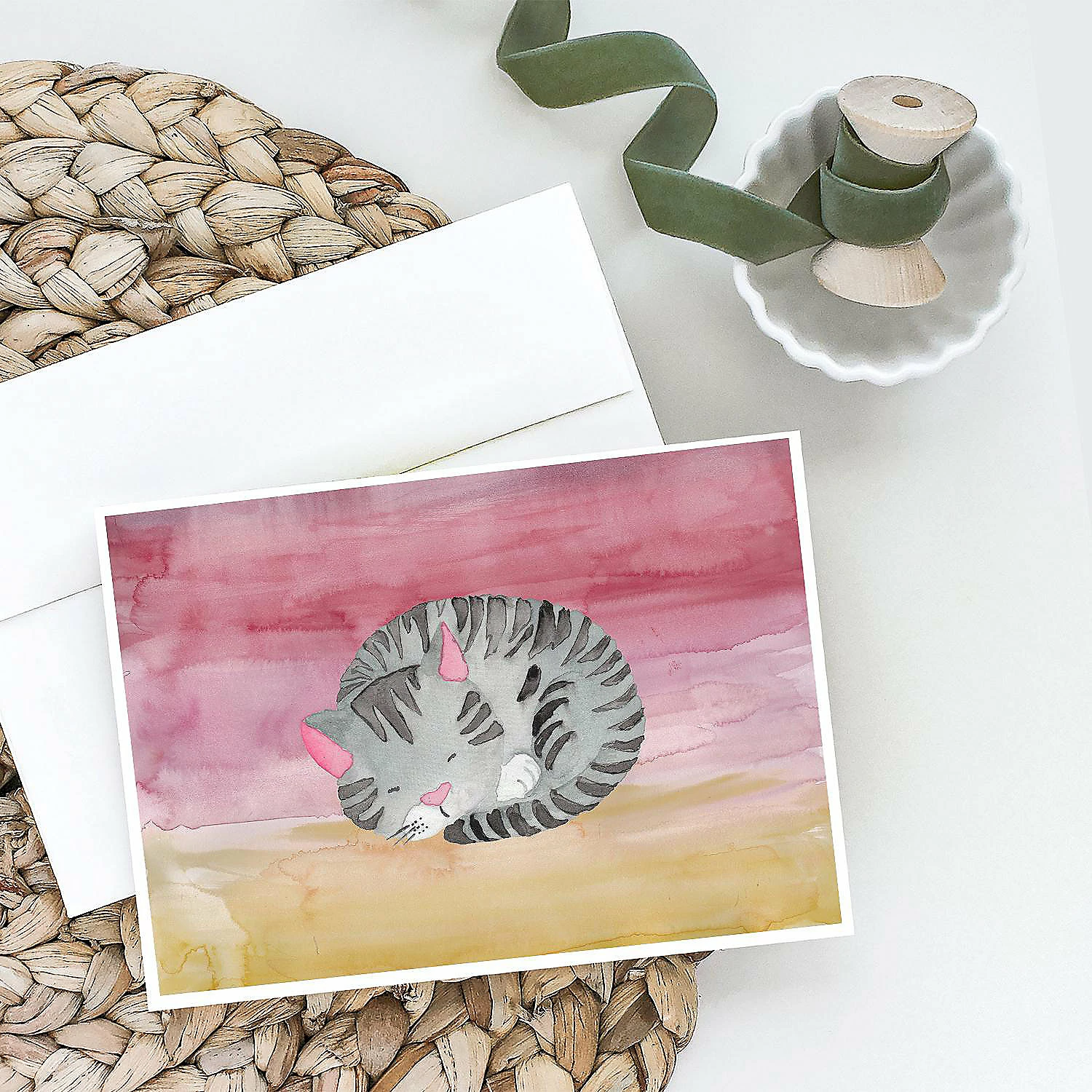 Wholesale ๐ Caroline's Treasures Sleeping Grey Cat Watercolor Greeting Cards and Envelopes Pack of 8, 7 x 5, Cats ๐ - Image 2