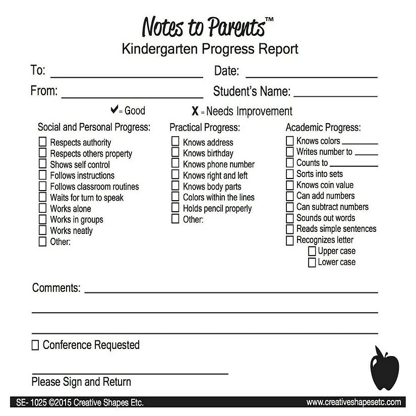 Hot Sale โ๏ธ Creative Shapes Etc. - Kindergarten Progress Reports - Notes To Parents ๐