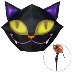 Discount ❤️ Gemmy Projection Airblown Setiling Cat with 1 EyeScreams Projection included (Yellow) 4 ft Tall 🎉