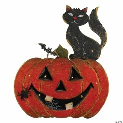 Best Pirce 🎁 Northlight 14" Lighted Orange and Black Smiling Pumpkin With a Cat and Bats 🎃 Halloween Tabletop Decor 🔔
