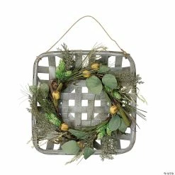 Hot Sale 💯 Northlight 16 Autumn Harvest Green Hop and Cattail Grapevine Wreath in a Wooden Tray Hanger 🤩